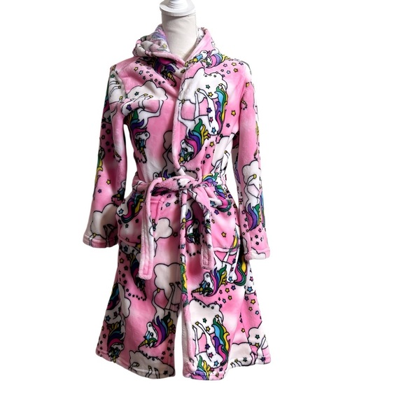 Girls Unicorn Hooded Plush Bathrobe Soft Kawaii Fleece Robe Swim Cover-Up Sz. 12 - Picture 1 of 7